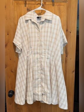 Maison Tara Beige Plaid Button-Front Shirt Mini Dress 16 NWT
